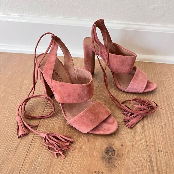 Madewell Women’s Size 7 Octavia Pink Suede Tassel Heeled Open Toe Sandals - Picture 3 of 10